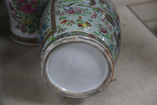 A large Chinese Canton-decorated celadon ground baluster vase, Daoguang period (1821-50), 58.5cm